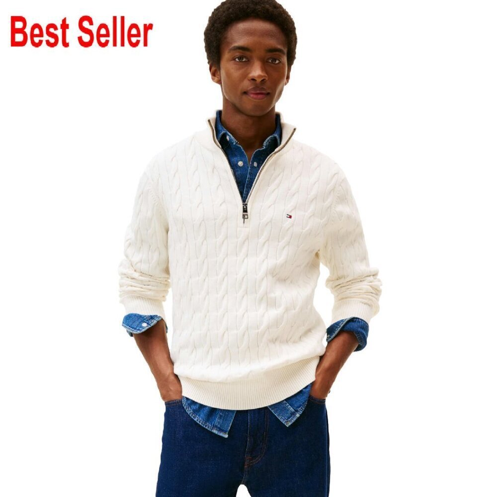 Lightweight Cable Quarter Zip Sweater Classic Preppy Mens Pullover